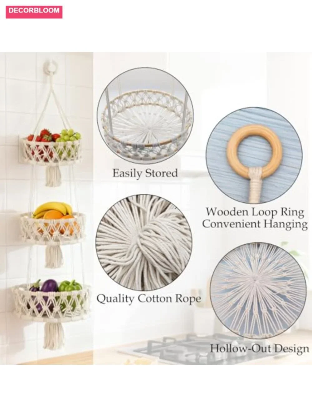 3 Tier Hanging Fruit Basket, Macrame Woven Cotton Rope Storage, Boho Plant